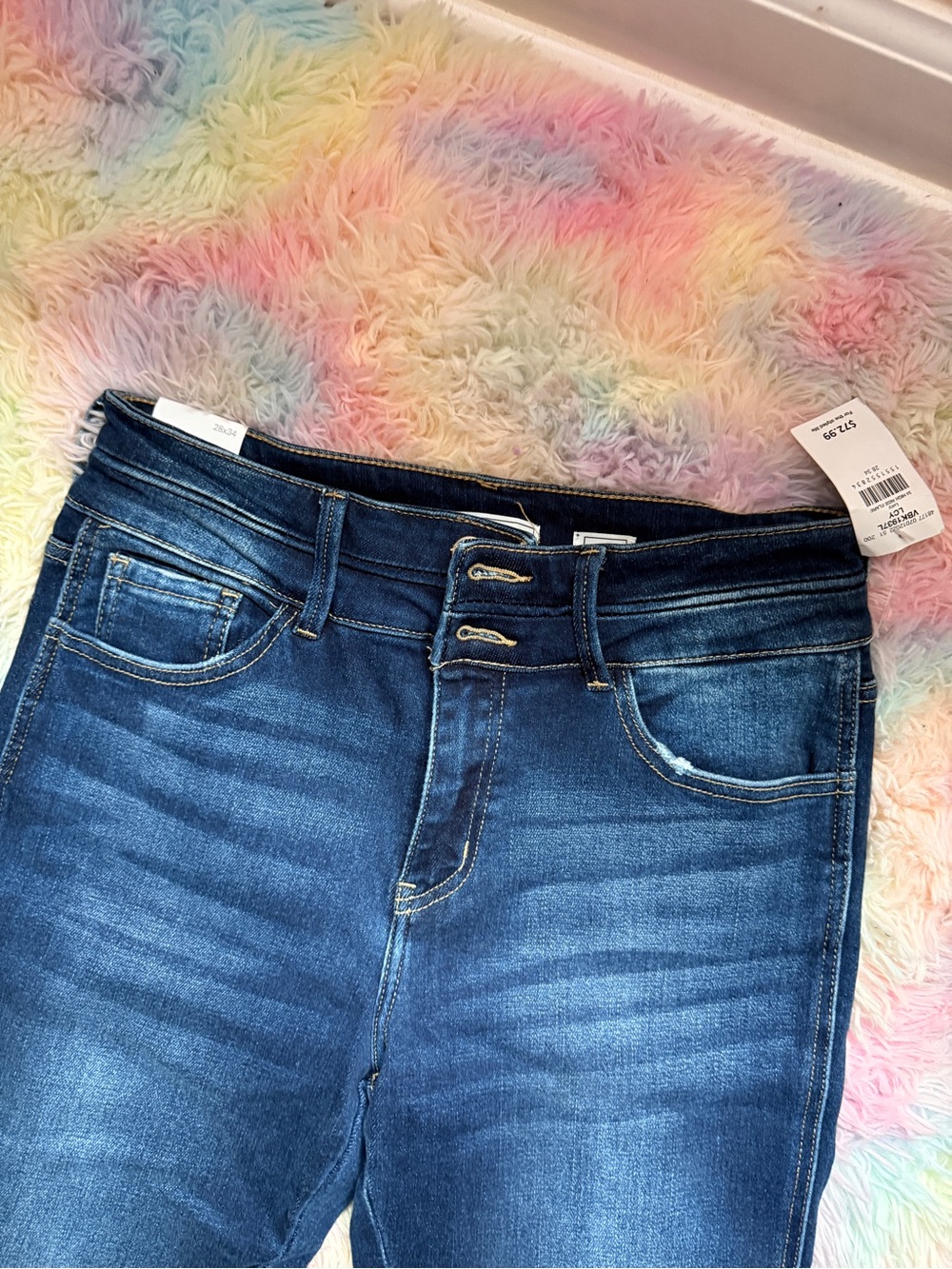 KanCan Dark Wash Blue Flare Jeans with Raw Hem - Picture 2 of 8